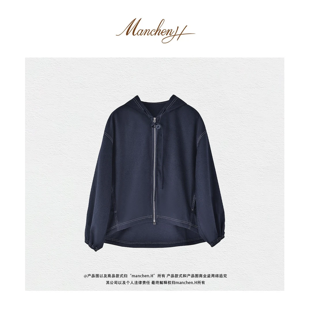 曼辰manchenh"暮影星蓝"进口羊毛混纺明线撞色连帽休闲上衣