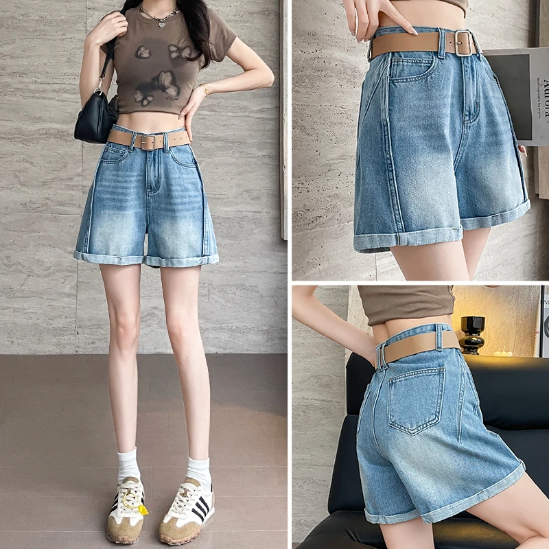 浅色高腰牛仔短裤女夏薄款2025年新款宽松显瘦小个子阔腿a字热裤