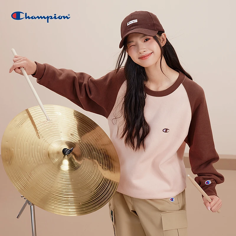 Champion冠军25秋新款卫衣男复古校园加绒女插肩袖撞色U5CSWSM050