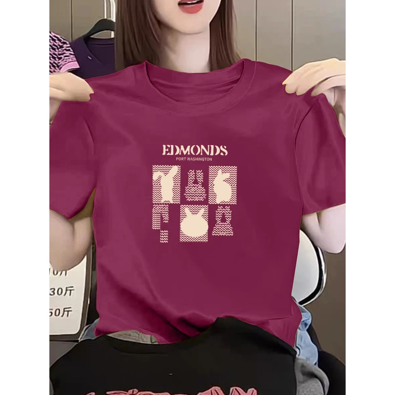 2025新款正肩圆领修身显瘦短袖t恤夏季小众通勤卡通印花女装上衣