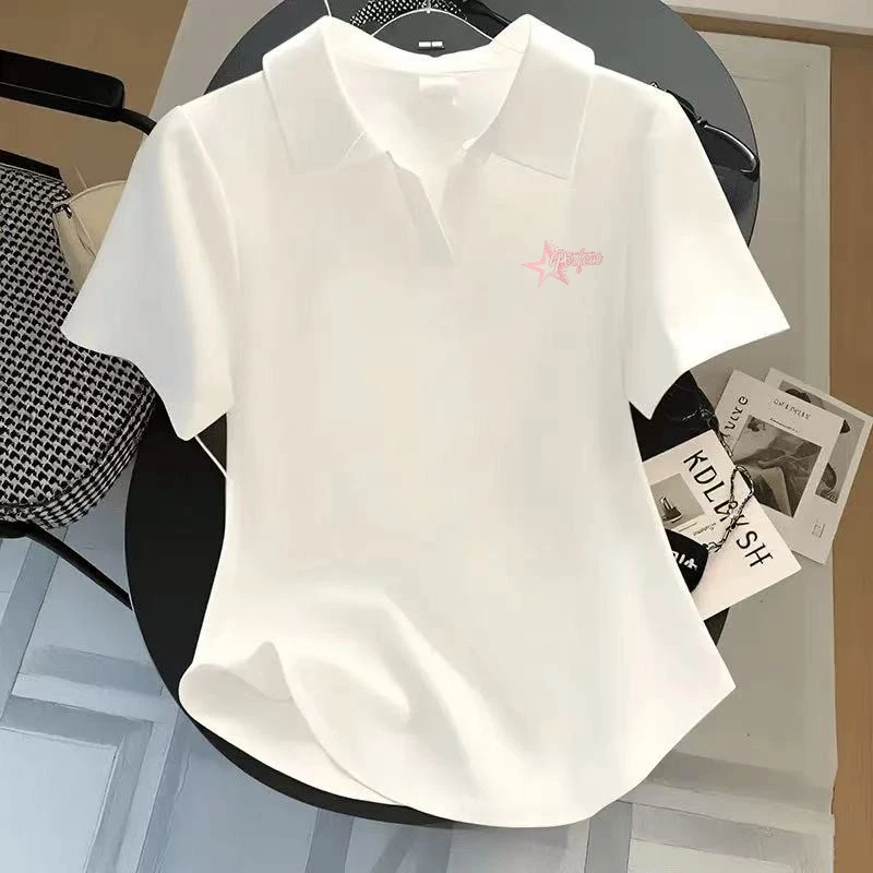 欧货POLO领白色短袖T恤女夏2025新款修身正肩百搭打底衫短款上衣