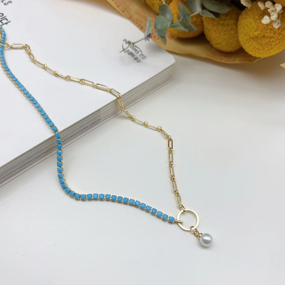 铜合金仿水晶项链 03913 好啊商店 蓝色拼色项链 长度39+5cm左右