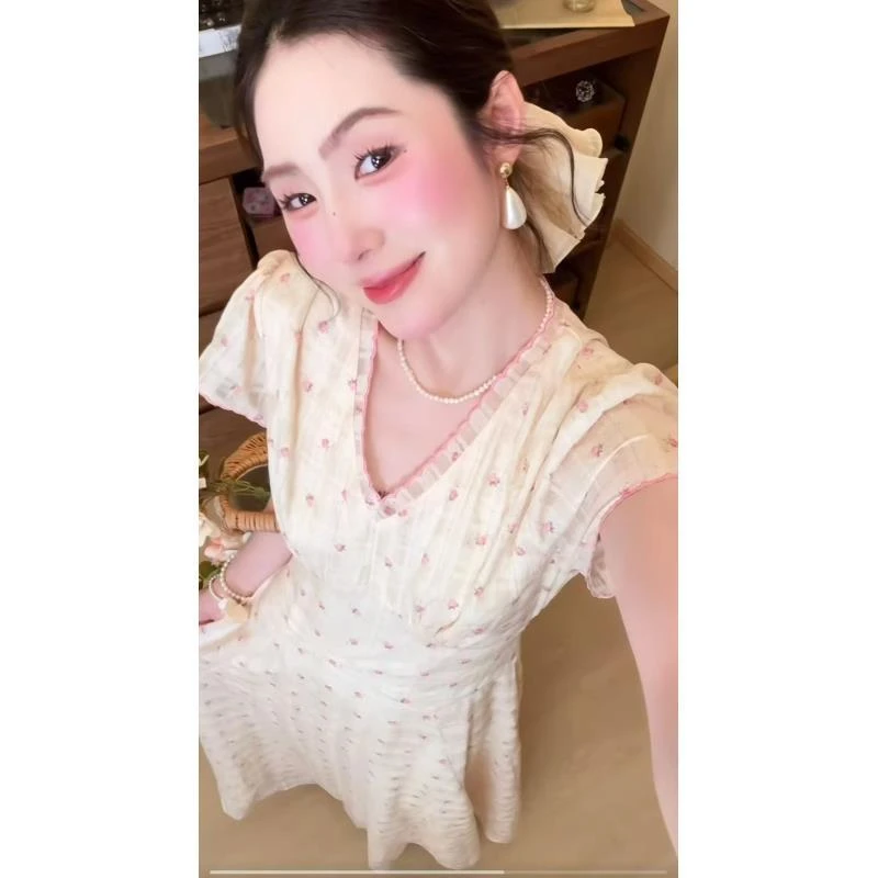 【甜蜜物语】法式甜美V领碎花连衣裙女夏季温柔初恋公主裙收腰长裙