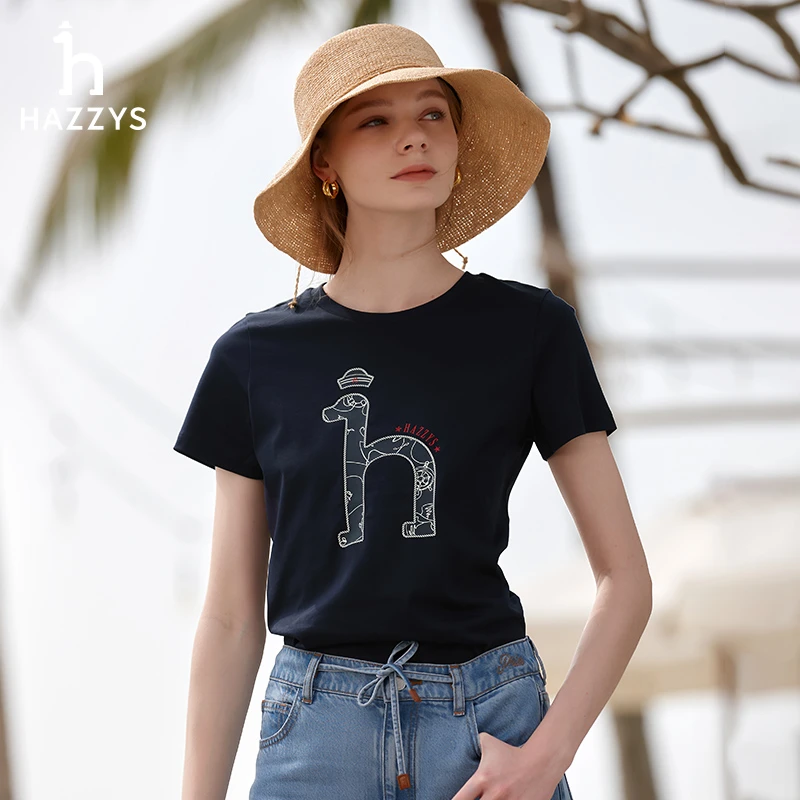 Hazzys哈吉斯圆领短袖女士T恤夏季印花时尚休闲内搭上衣纯棉