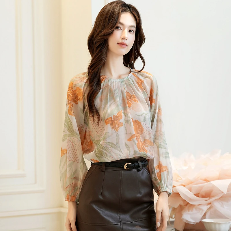 hxe1519法式复古印花圆领长袖衬衫女2025秋季新款宽松灯笼袖小衫