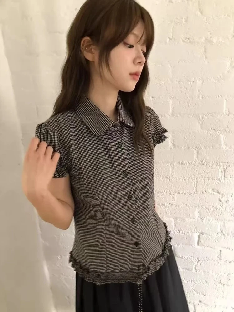夏季少女清新复古气质压褶花边格子显瘦休闲系扣短袖格子衬衫女