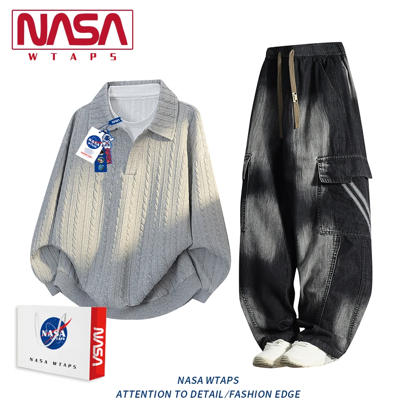 NASA WTAPS运动服套装男款2025新款春秋季假两件POLO衫长裤两件套