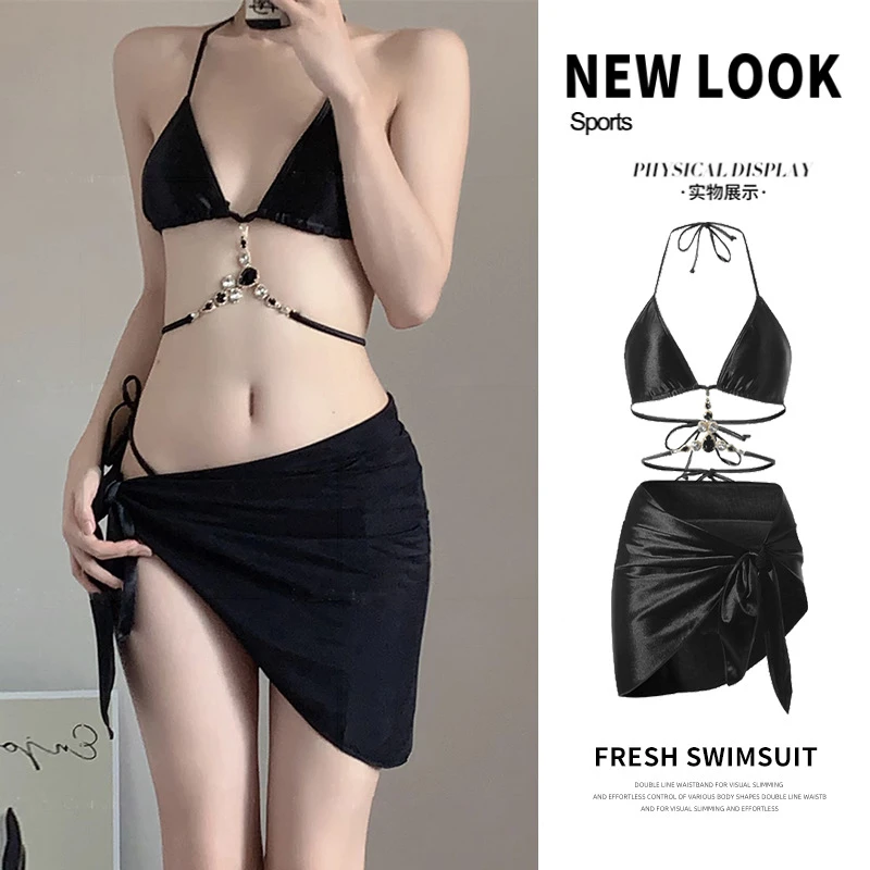 2025新款分体泳衣女黑色高级感纯欲三件套绑带遮肉比基尼温泉泳装