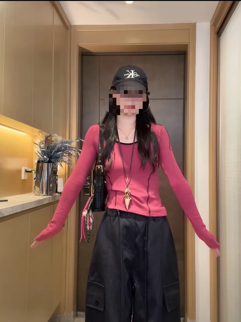 2025秋季新品撞边修身弹力连帽简约显瘦收腰长袖百搭打底衫