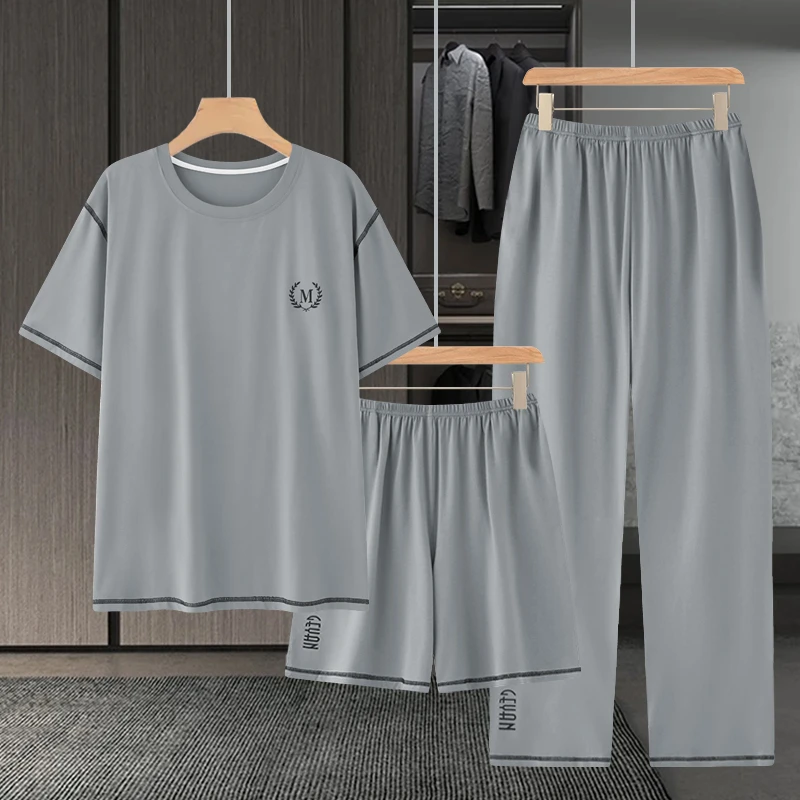 夏天三件套莫代尔男士睡衣男款夏季冰丝感宽松薄款男生家居服套装