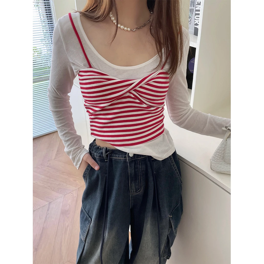 白标~短款胸前蝴蝶结辣妹外穿吊带女秋季大码百搭上衣