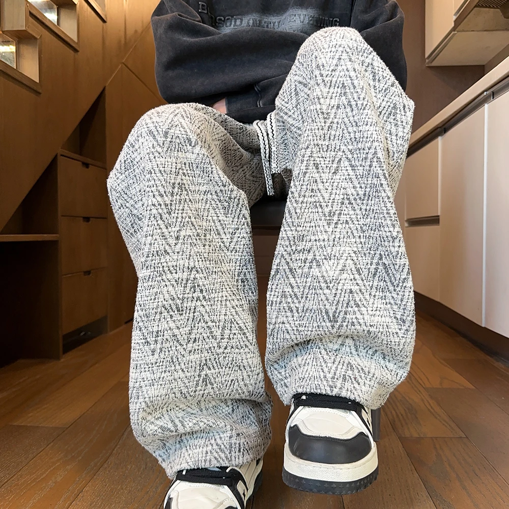 白色雪尼尔秋冬百搭休闲直筒裤男女同款宽松拖地裤编织人字纹长裤