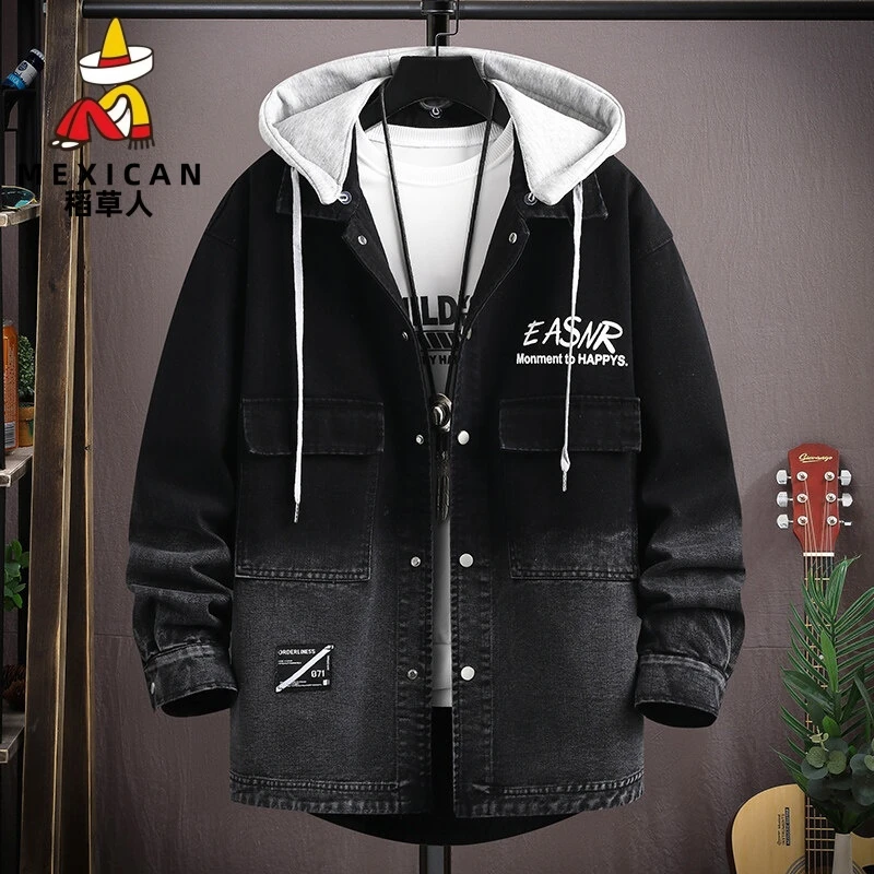 稻草人青少年男士春秋季爆款牛仔外套学生帽子可拆卸棉服连帽韩版