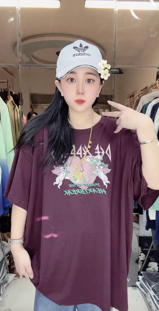 外贸纯棉大码T恤酒红色亮钻