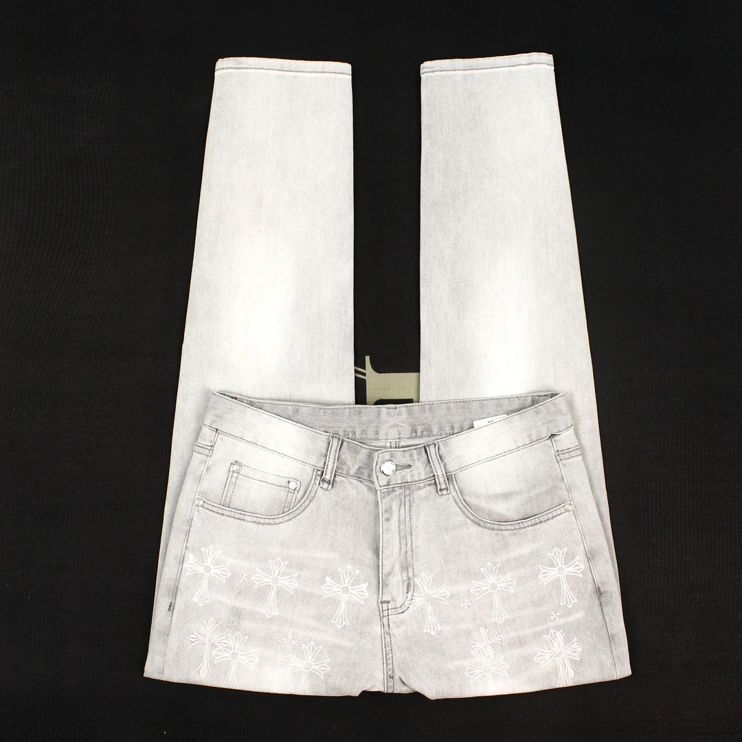 2025弹力白灰牛仔裤男小直脚欧货春秋高奢韩版修身长裤薄款印花