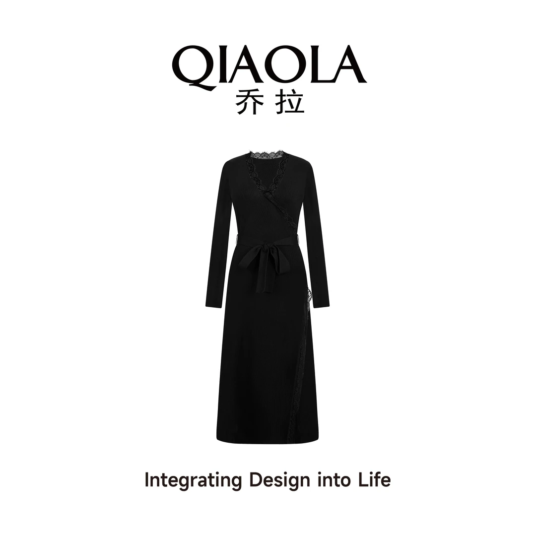 QIAOLA/乔拉【巴黎之夜】秋冬季羊毛混纺蕾丝V领收腰显瘦连衣裙预售
