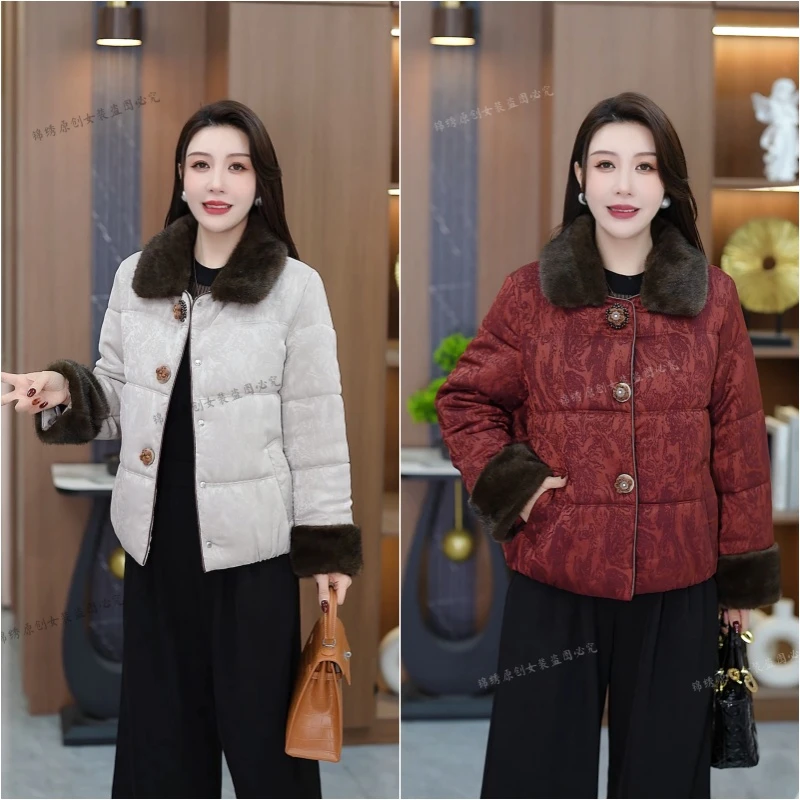 时尚妈妈冬装短款提花国风加厚保暖气质小棉袄新款洋气棉服