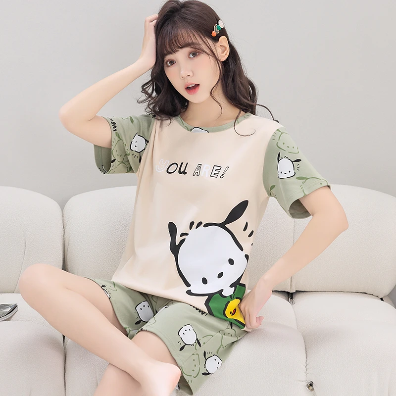 睡衣女纯棉夏季短袖短裤薄款卡通可爱初中学生大码宽松家居服套装