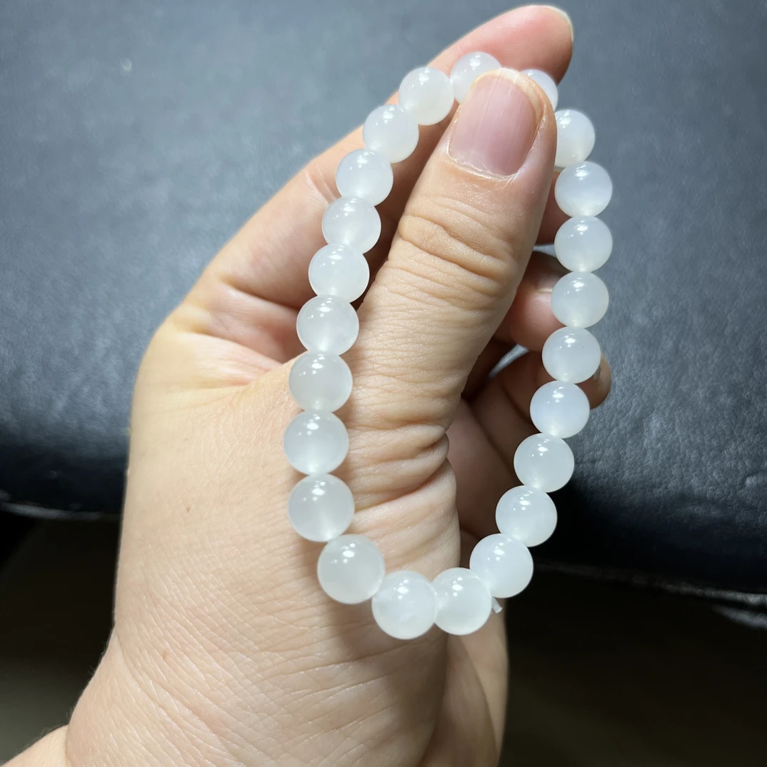 和田玉白玉高冰玻璃底卡8圆珠手串单圈