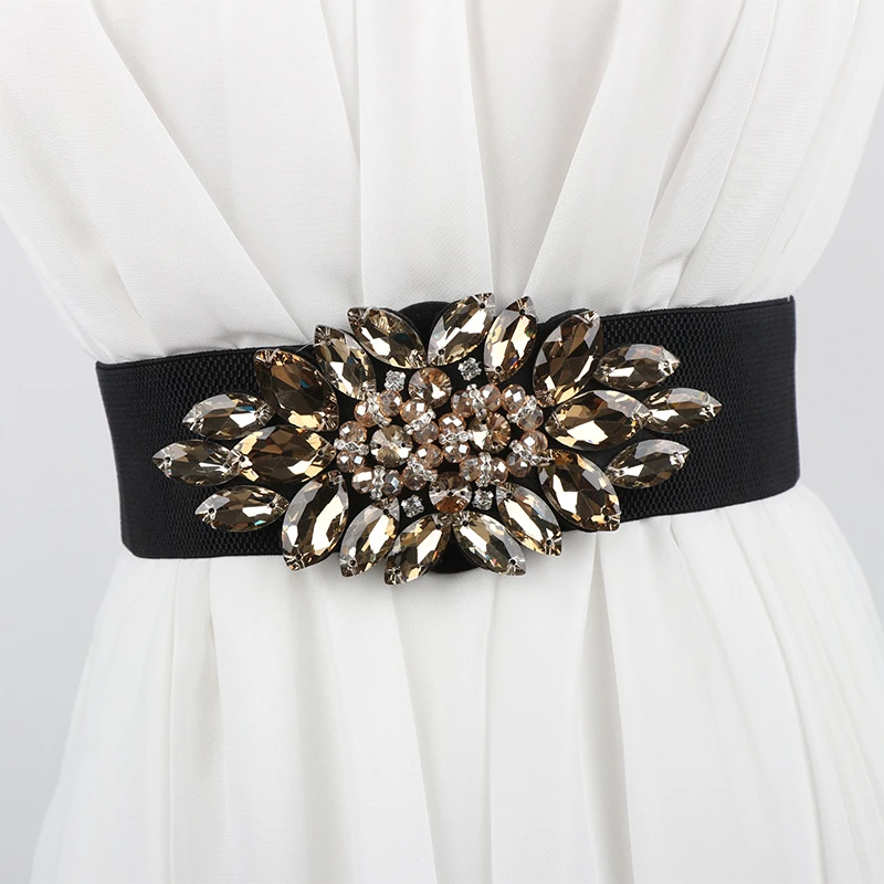 新款时尚水钻装饰松紧腰封配连衣裙百搭韩版潮流女士修身宽腰带女