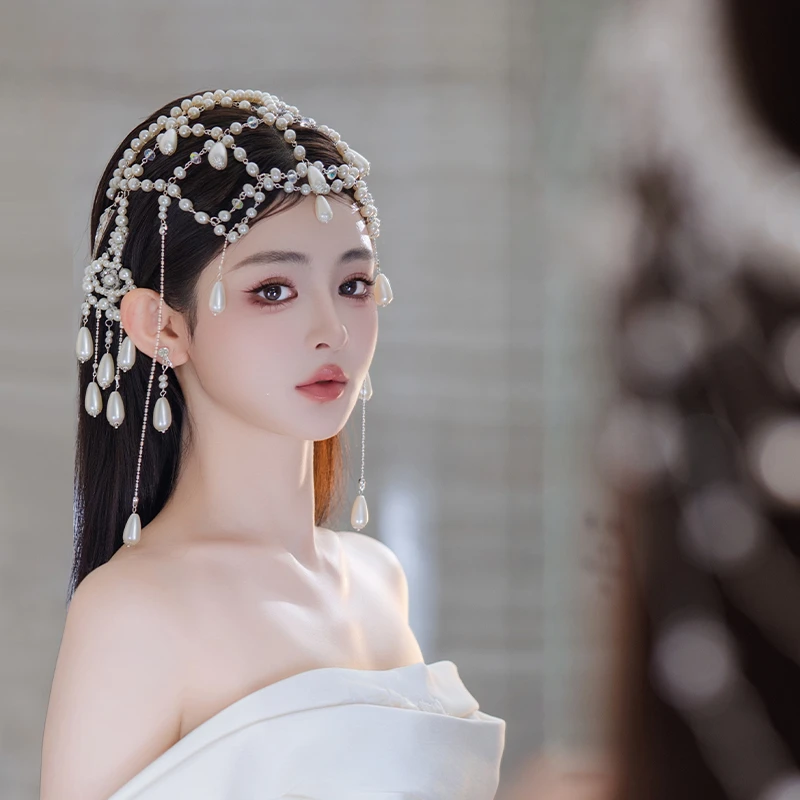 合金仿珍珠婚庆饰品 明星同款韩系优雅轻奢流苏珍珠新娘头饰D0517