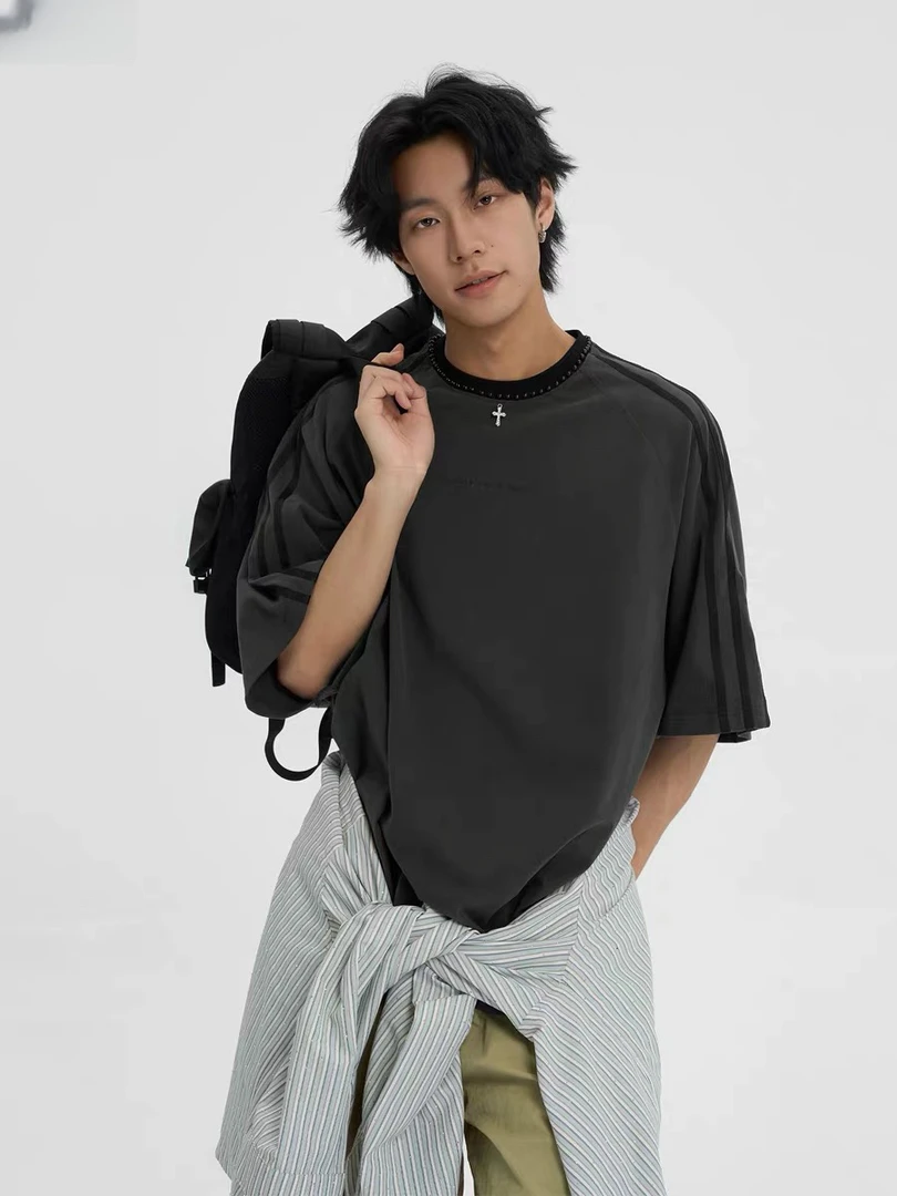 美式复古条纹拼接插肩袖短袖男夏季潮牌痞帅炸街t恤vintage五分恤