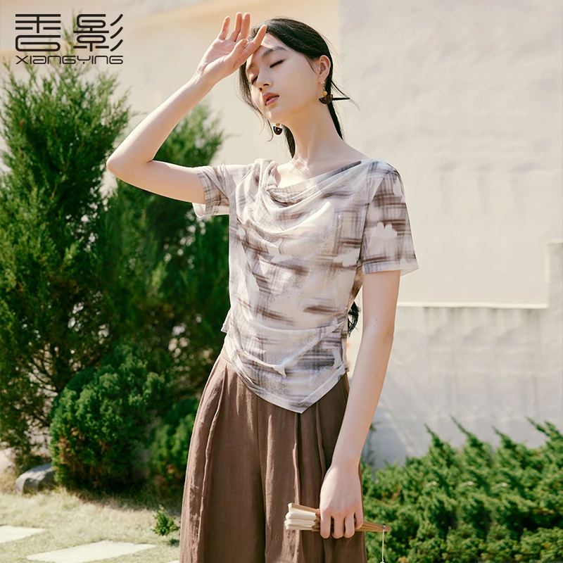 【直播专享】T85S493 t恤 香影新中式扎染女夏装新款网纱短袖修
