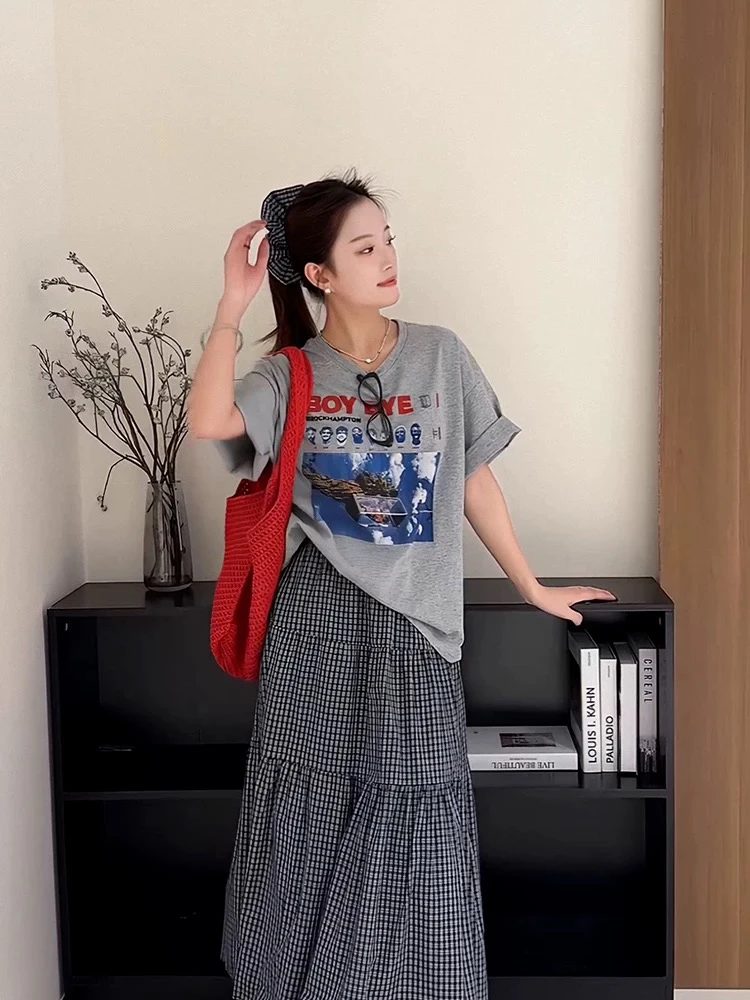 新款大码D55新美式复古字母印花时尚T恤短袖＋格子半裙两件套