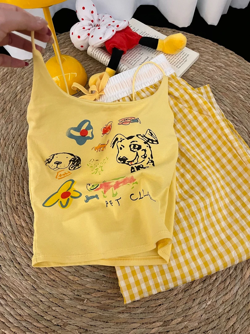 【DMXJ大梦想家】甜美可爱卡通小狗印花短袖上衣夏季亲肤家居服套装