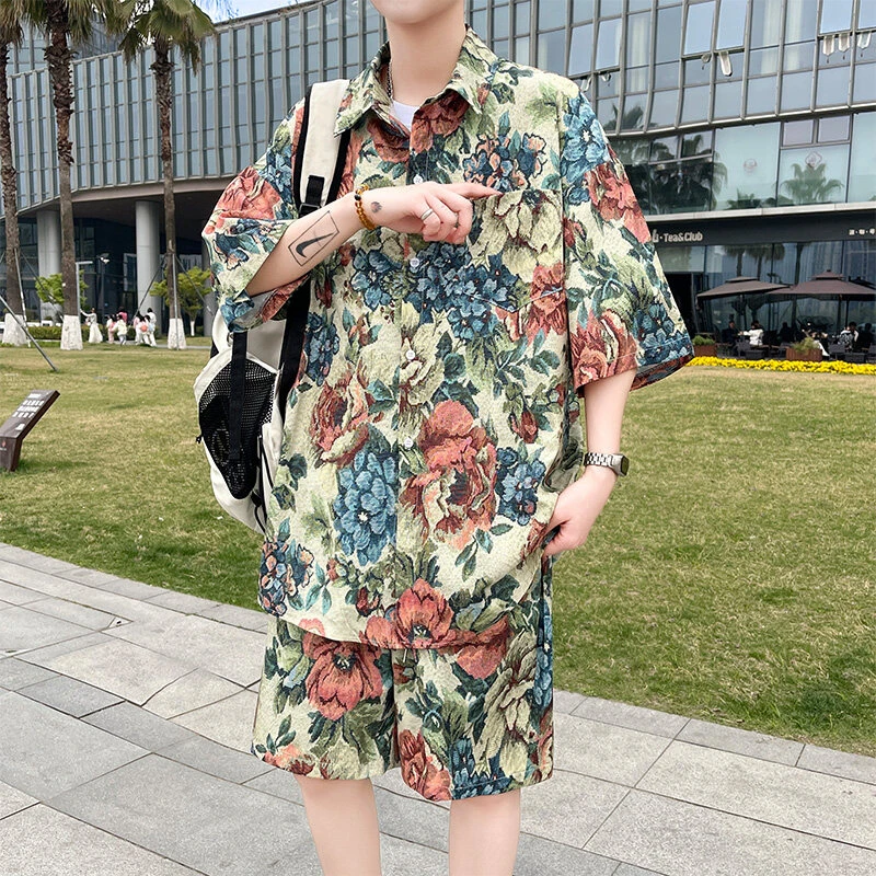 三亚旅行沙滩花衬衫套装男士海边度假夏威夷短袖衬衣花短裤两件套