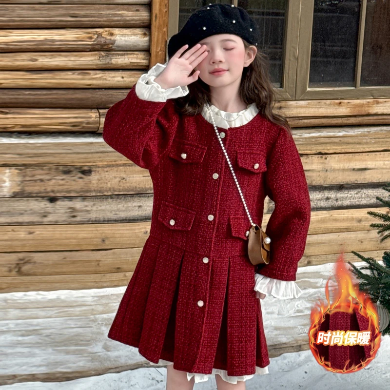 女童冬装新年衣服2025冬季新款红色喜庆小香风连衣裙大童加绒裙子