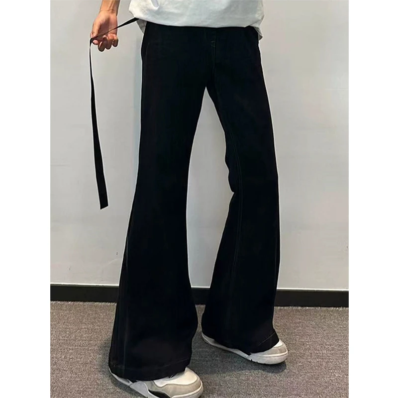美式高街飘带牛仔裤男款春秋季提裆显腿长黑色微喇裤子修身直筒裤