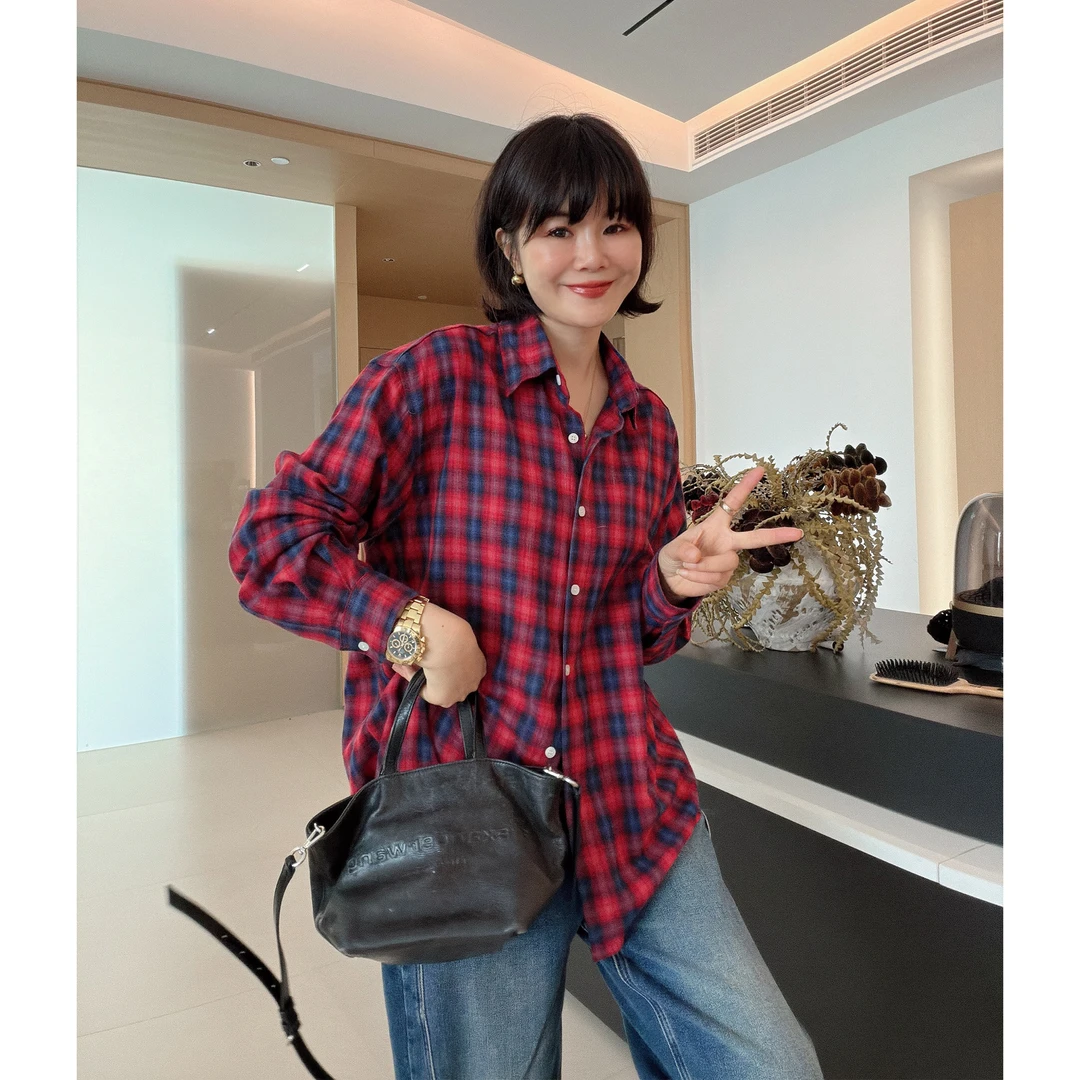 韩版复古格纹翻领磨毛宽松格子衬衫休闲长袖衬衣