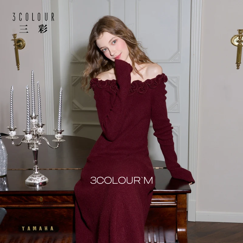 三彩2026春季新款气质连衣裙复古针织裙花朵A字裙长裙优雅M