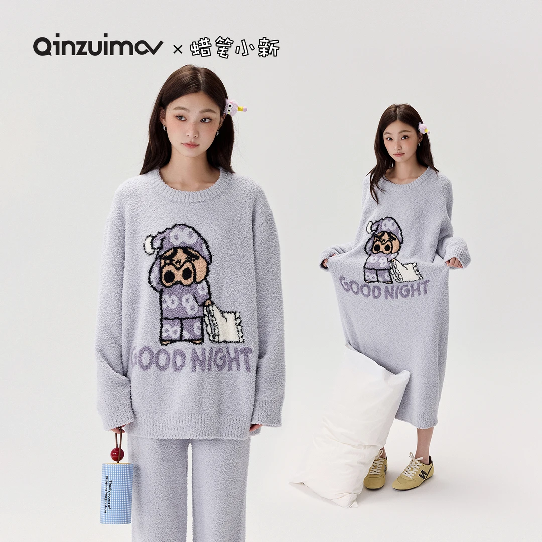 亲嘴猫【蜡笔小新】肥嘟嘟左卫门半边绒女士睡衣家居服套装可外穿