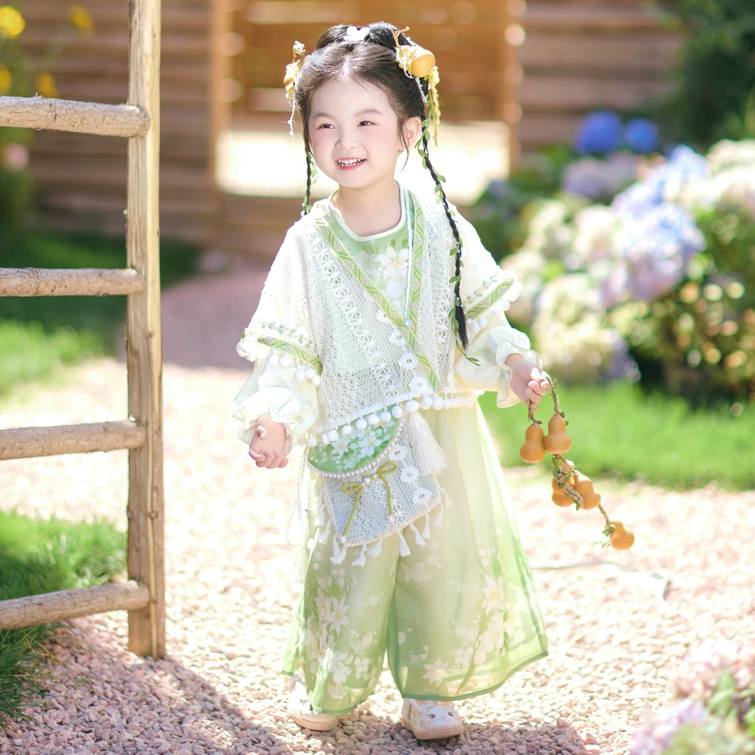 新中式民族风女童汉服长袖套装秋季古装儿童女孩国风清新仙女唐装