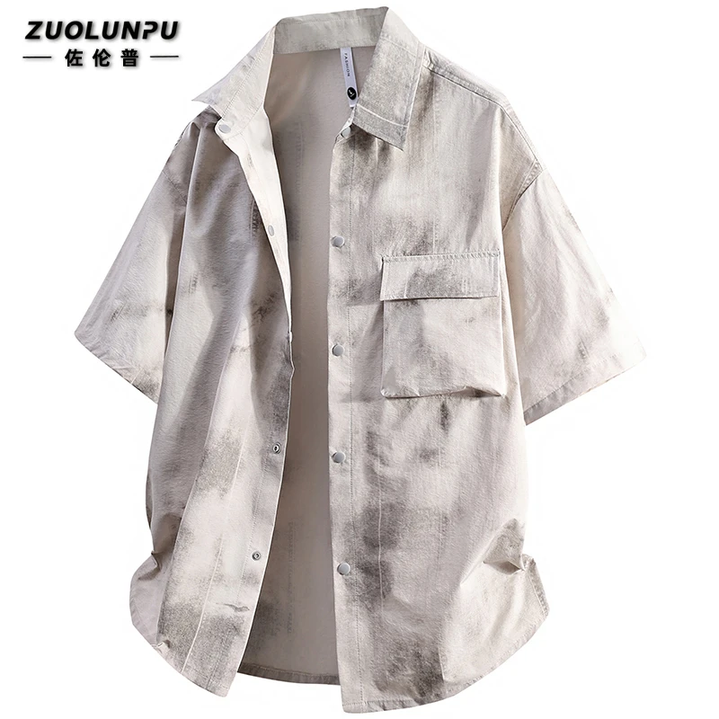 短袖衬衫男士2025夏季潮流美式复古工装扎染衬衣休闲宽松大码上衣