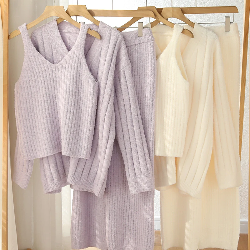 『眠岛』半边绒睡衣女软绵绵冬季纯色加绒加厚开衫三件套家居服