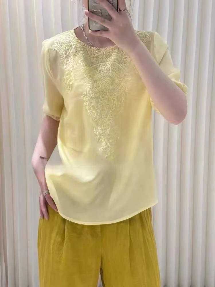 新中式国风重工刺绣短袖衬衫女2025夏季新款复古上衣圆领小衫