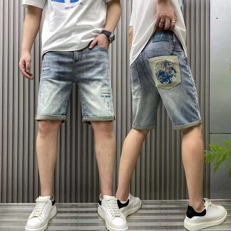 高品质时尚潮流后袋神龙刺绣破洞磨白做旧百搭弹力五分牛仔短裤男