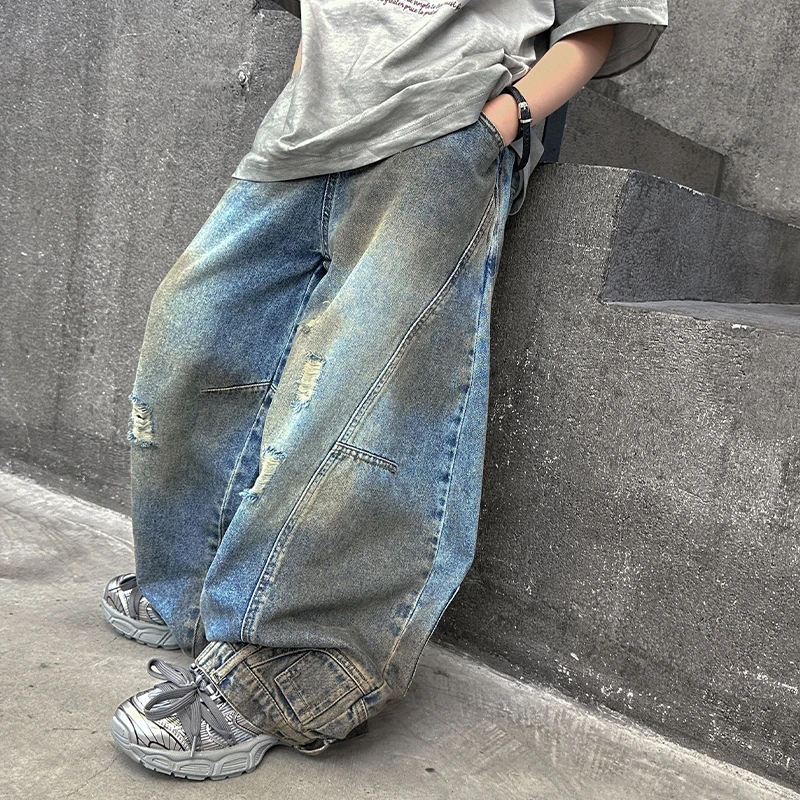 男童秋装裤子2025新款儿童春秋款大童秋季直筒阔腿脏脏破洞牛仔裤