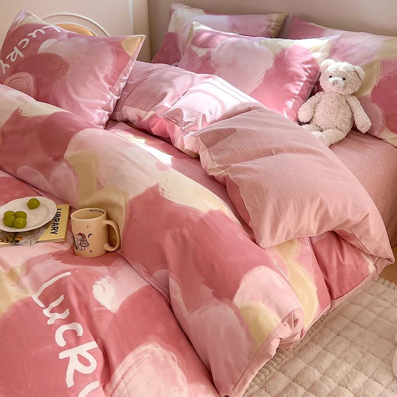 ins网红风纯棉四件套全棉100床品粉色被套宿舍床单人床上三件套女
