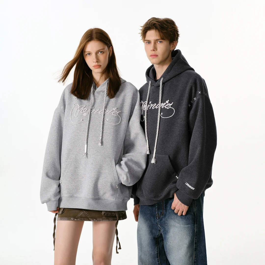 FORNINES珍珠钉珠刺绣重磅连帽卫衣男女潮牌2025秋冬新款情侣外套