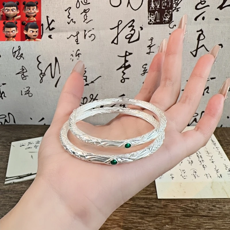 足银手镯 哪吒乾坤圈银手镯女纯银实心国潮风古法镯子新款999足银