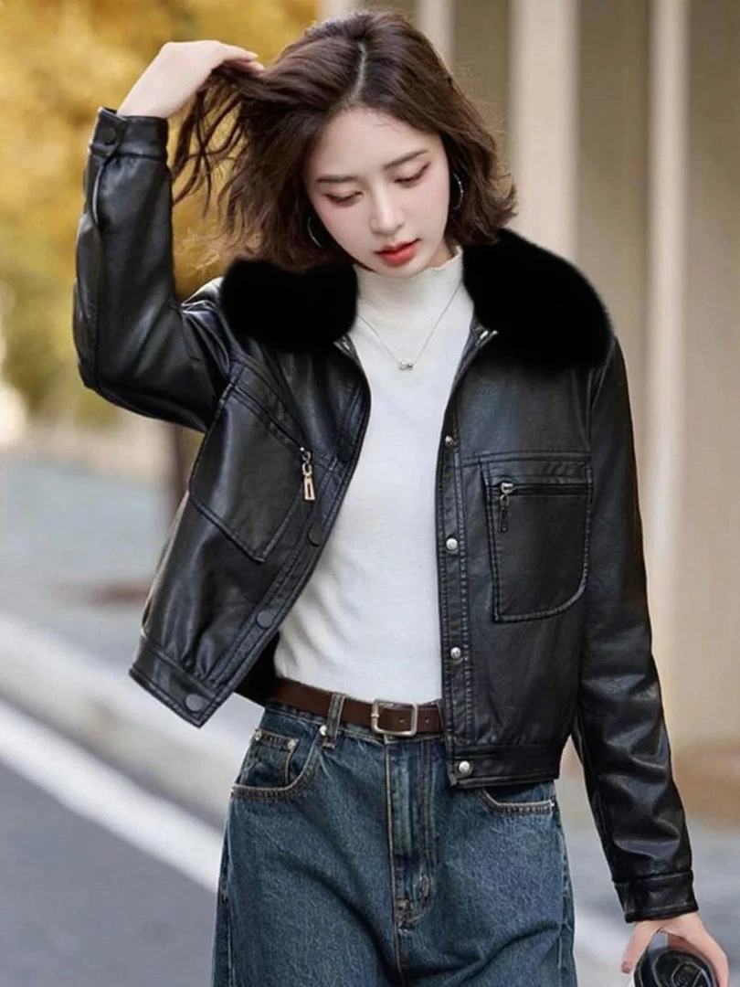 【秋冬焕新】海宁棕色毛领加绒短款皮衣，解锁酷飒保暖双重时尚风格