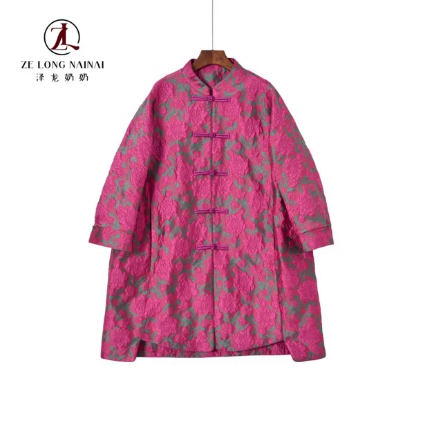 2508立体撞色牡丹提花风衣中长款外套