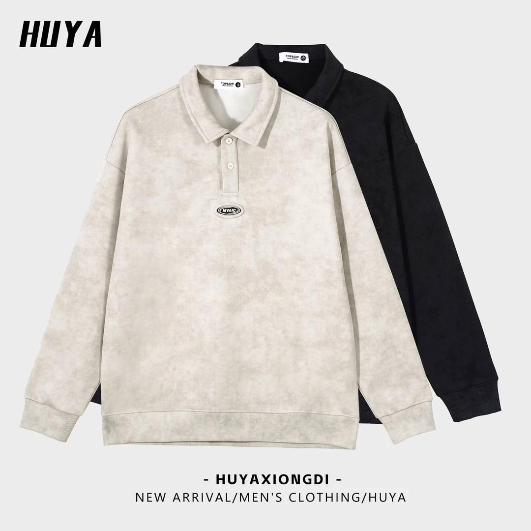 HUYA秋季新款POLO领字母绣标扎染设计男士休闲百搭翻领卫衣6903