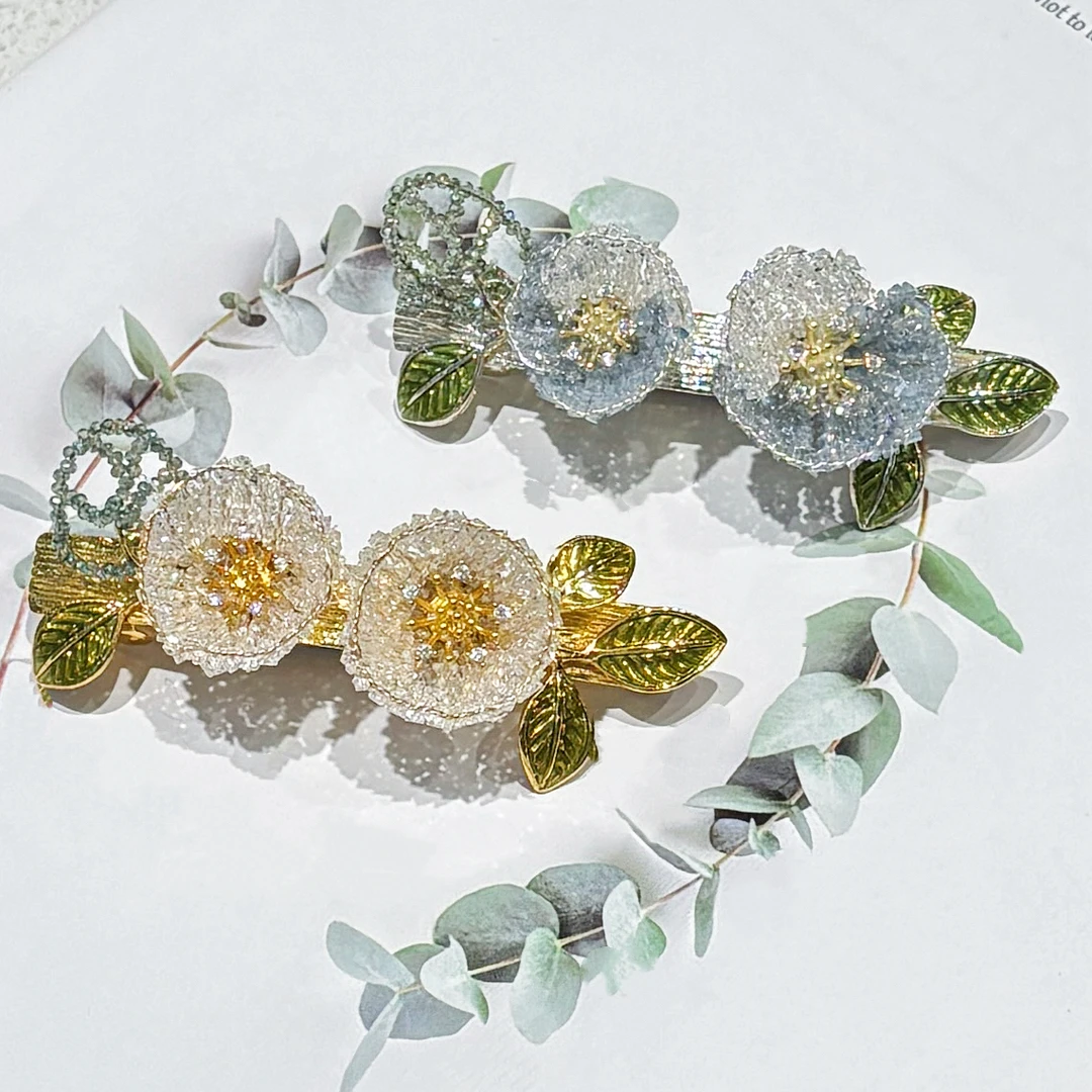 卡美一系列 浪漫玫瑰花手工编织水晶弹簧夹轻奢时尚发夹顶夹发饰