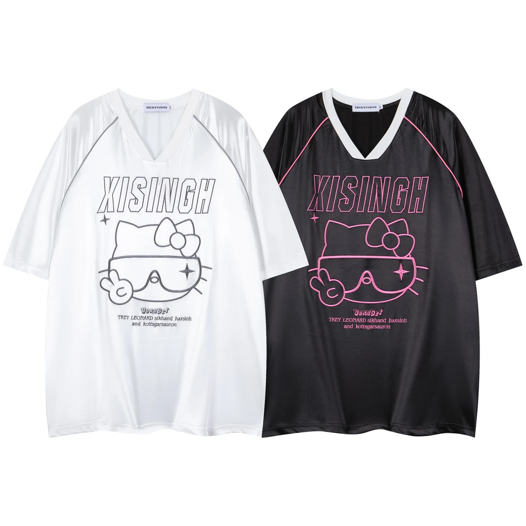 美式高街复古短袖T恤女别致Kitty猫字母刺绣宽松V领上衣