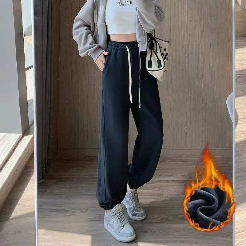 男生灰色加绒卫裤美式潮牌休闲裤子2024秋季新款宽松束脚运动裤